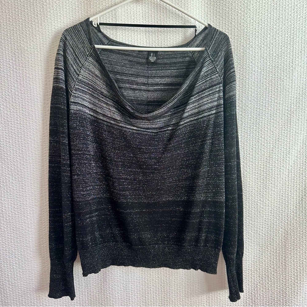 DKNY Black Silver Metallic Cowl Neck Ombré Striped Lightweight Sweater Large